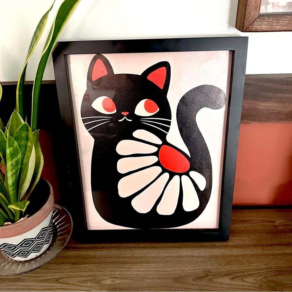 Bohemian Black Cat Mid Century Modern Flower Canvas Art Print Framed Wall Art